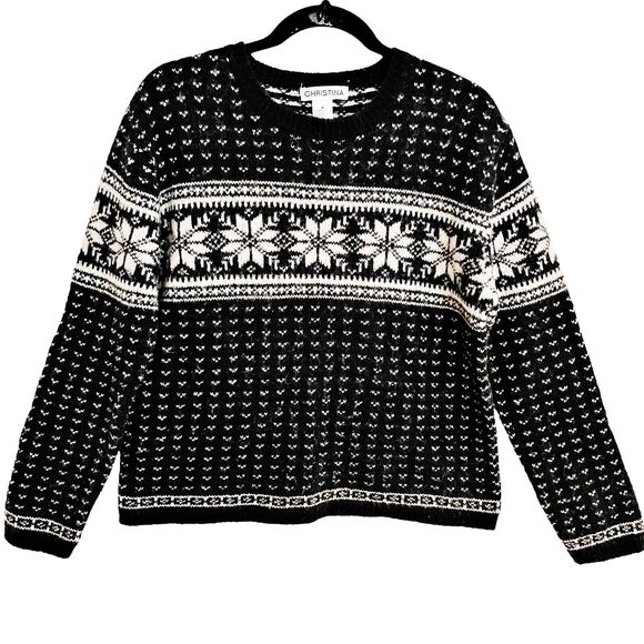 Christina Nordic Sweater Size M Black Ivory Scandinavian Wool Blend Cropped - Picture 1 of 4